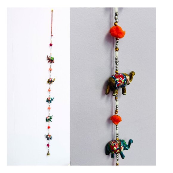 Indian Painted Boho Elephant String with Bell Charm, Colorful Home Decor Accent - Picture 1 of 6